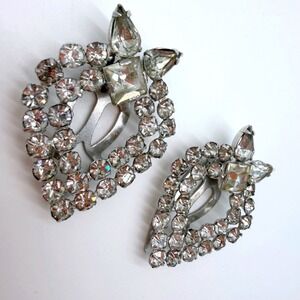 Vintage Rhinestone Dress Clips Pair Clear Crystal Silver Tone Bridal Glam